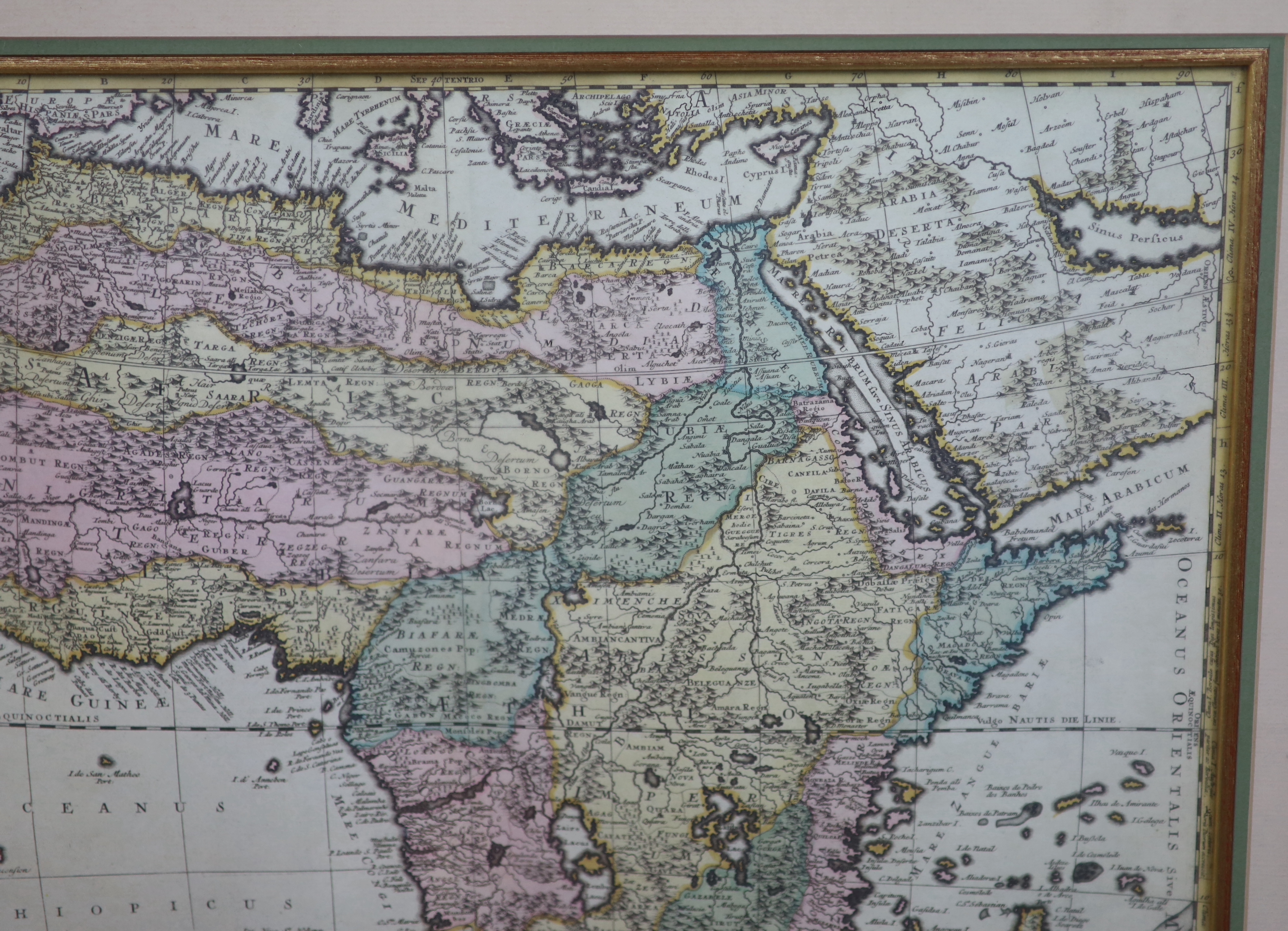 A.F. Zürner, coloured engraving, Map of Africae in Tabula Geographica Delineatio, published by Petrus Schenk, 40 x 47cm